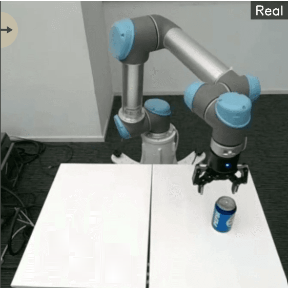 The same Universal Robots arm picking the same can on real hardware