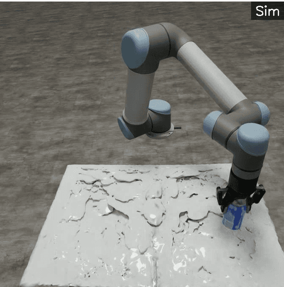 Universal Robots arm picking a can in NVIDIA Isaac Sim — the simulated training scene