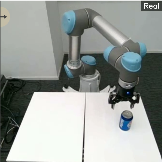 The same Universal Robots arm picking the same can on real hardware