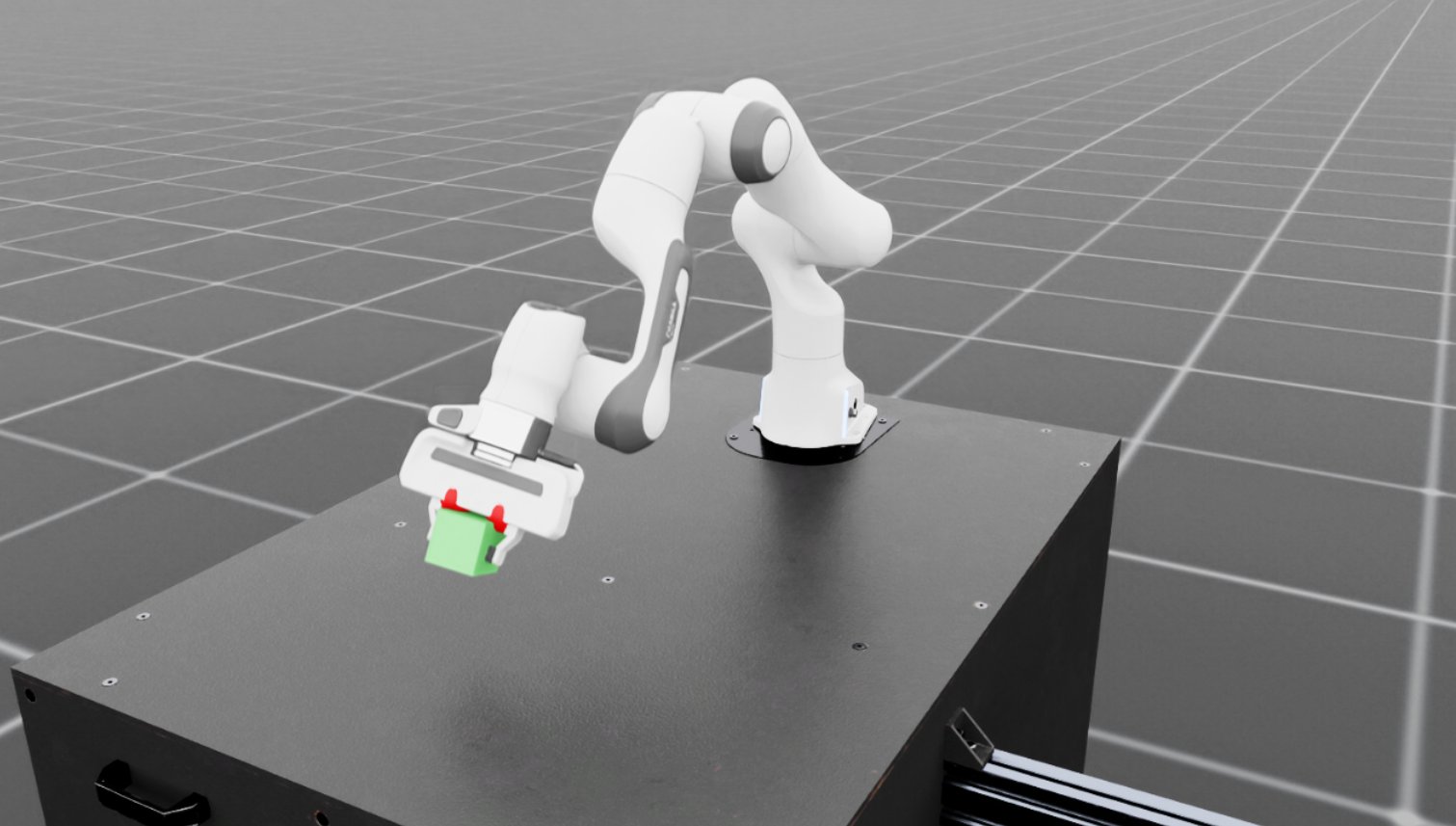 A robot arm working inside a simulation scene — Gazebo or Isaac Sim world built for the robot, before any hardware moves